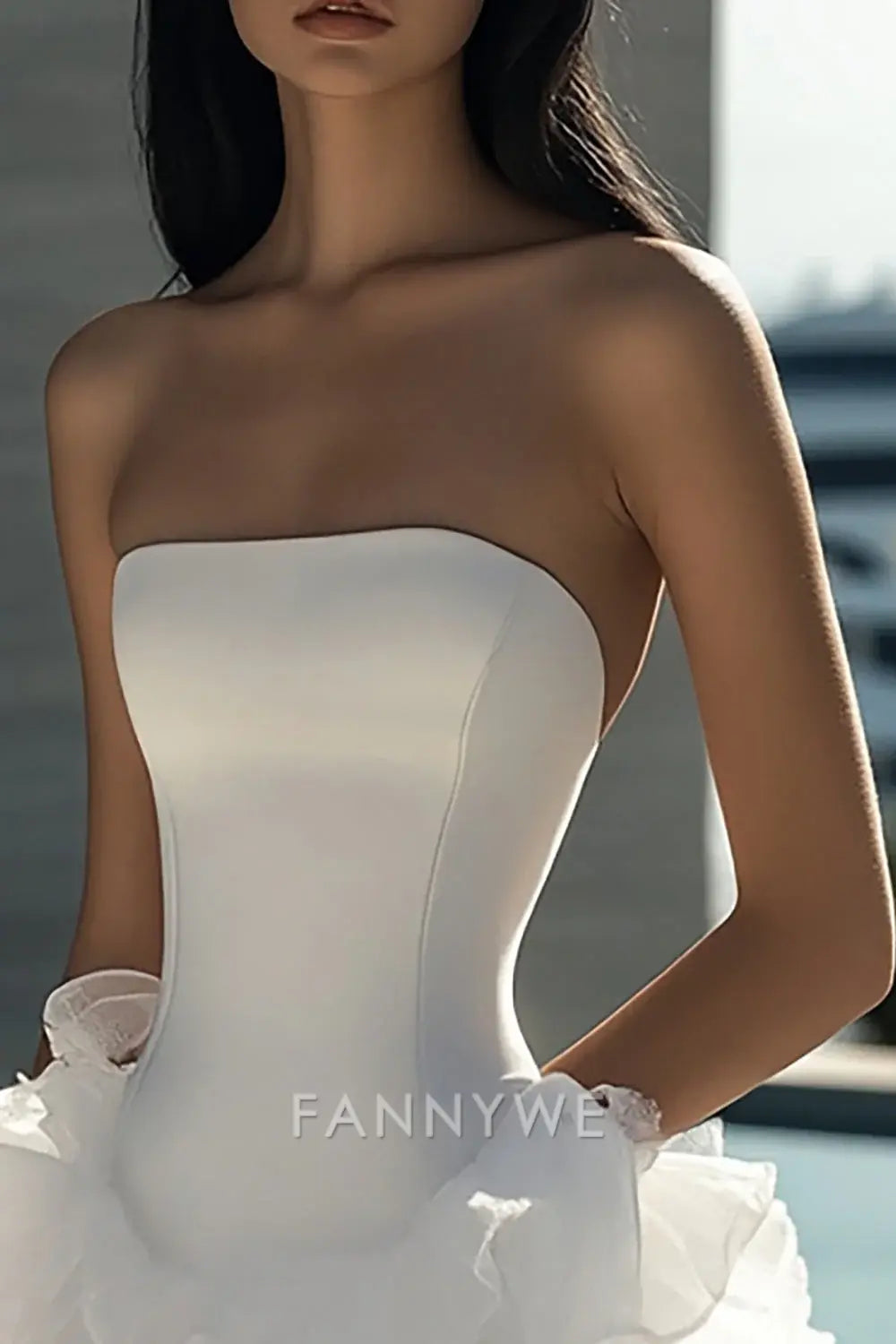 FannyWe Simple White A Line Strapless Short Satin Graduation Homecoming Dress with Ruffles